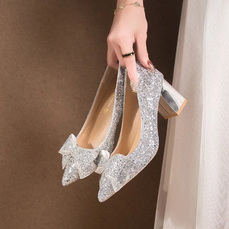Crystal sequin chunky heel pointed-toe pumps in gold with 4.5cm heel