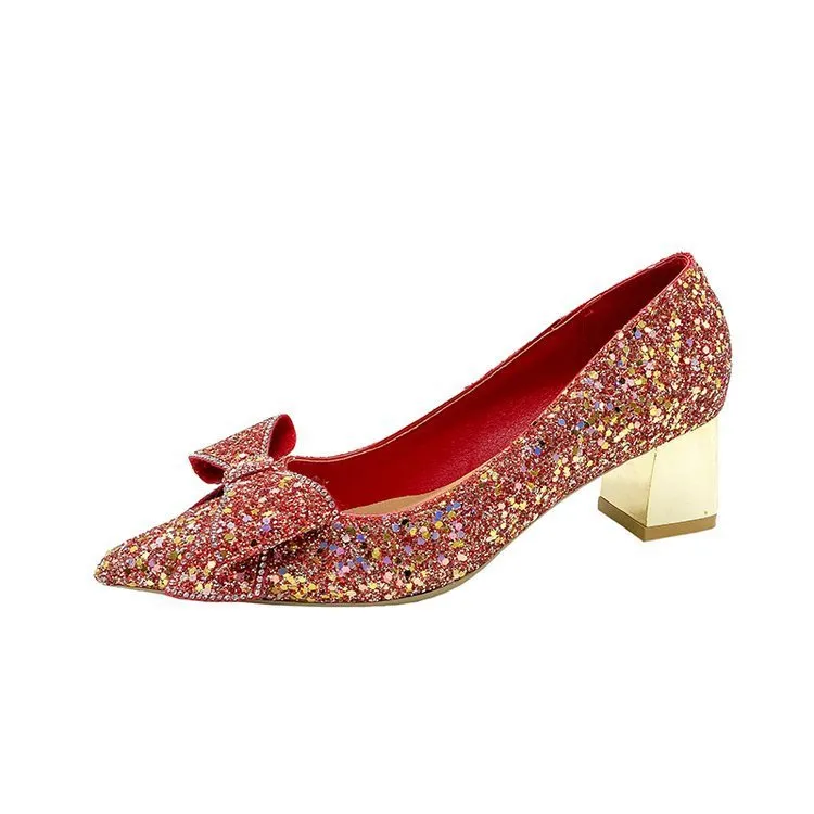 Crystal sequin chunky heel pointed-toe pumps in gold with 4.5cm heel