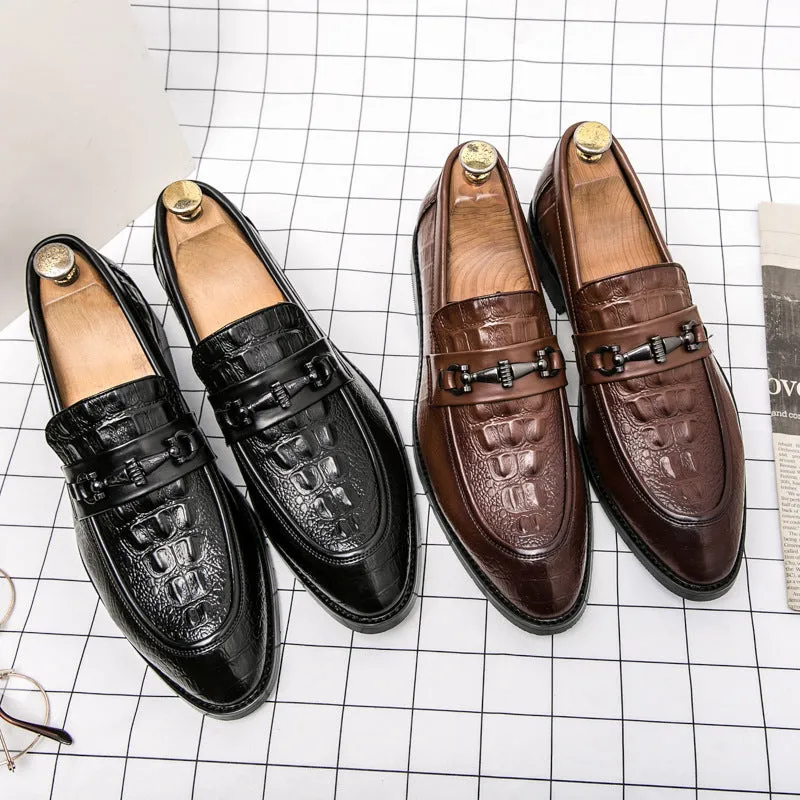Men's black pointed toe slip-on formal shoes with belt buckle, artificial PU upper, low-top wedding groom's footwear