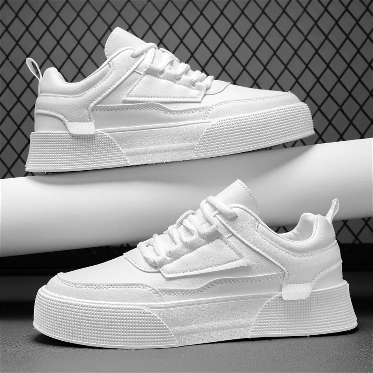 Men's casual sports shoes, artificial PU upper, lace-up round toe flat heel, solid colour ZK802 White