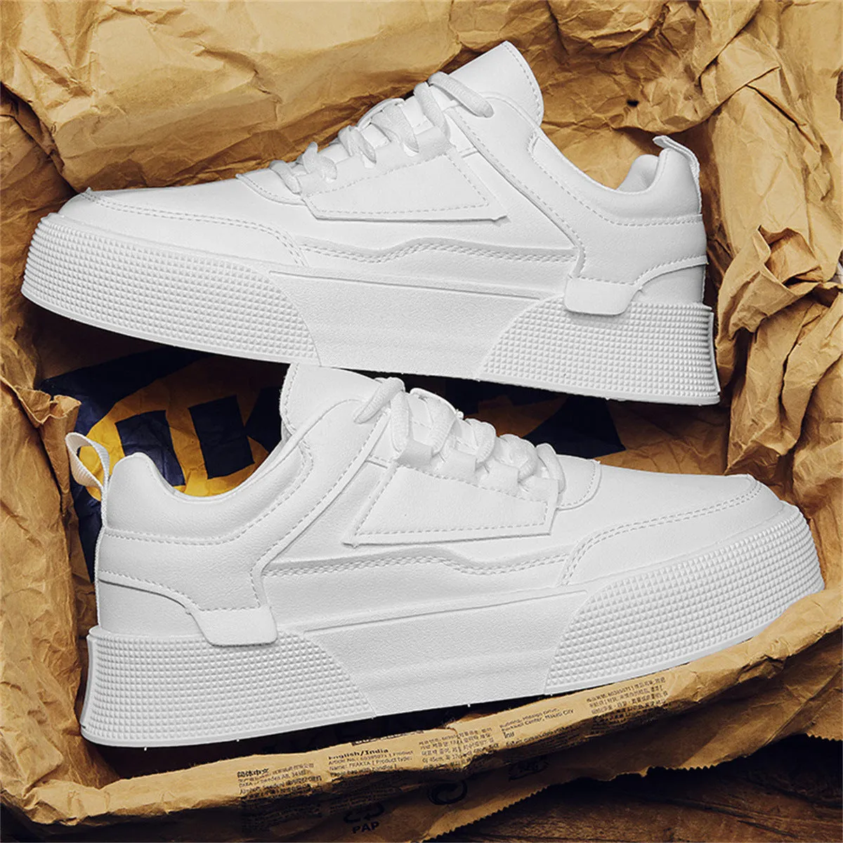 Men's casual sports shoes, artificial PU upper, lace-up round toe flat heel, solid colour ZK802 White