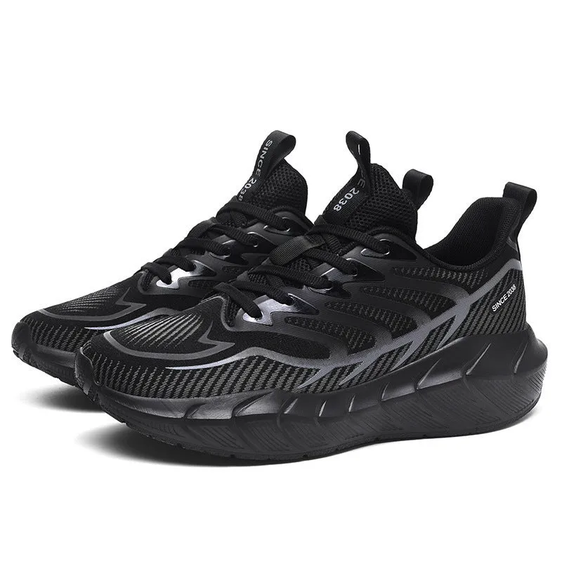 Men's low-top platform running sneakers with hollow-out synthetic leather upper and non-slip rubber sole in dark night black