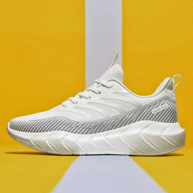Men's low-top platform running sneakers with hollow-out synthetic leather upper and non-slip rubber sole in dark night black
