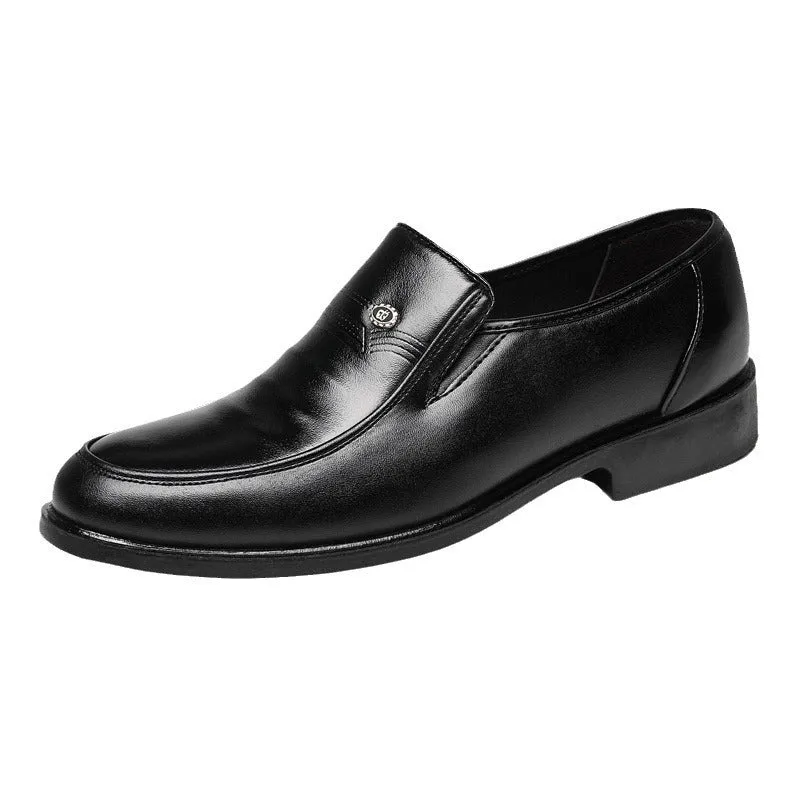 Men's black and brown plus size casual leather shoes with rubber soles showing leather toe holder detail