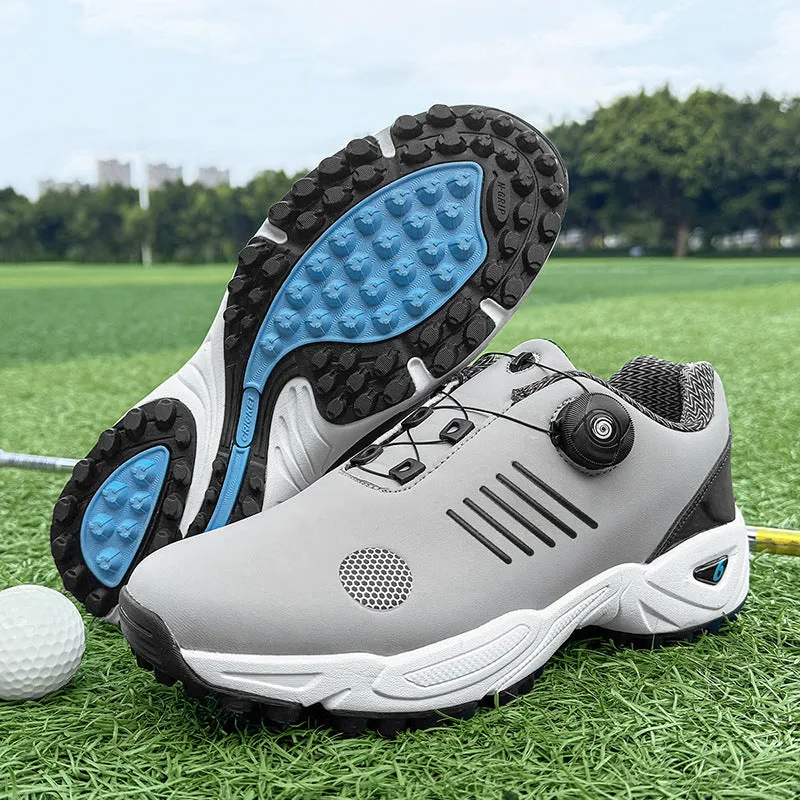 Men's rotating shoelace golf shoes, low-top design, black color, rubber sole, breathable mesh upper