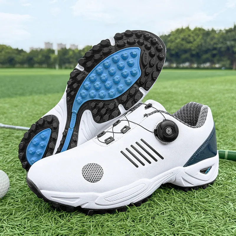Men's rotating shoelace golf shoes, low-top design, black color, rubber sole, breathable mesh upper