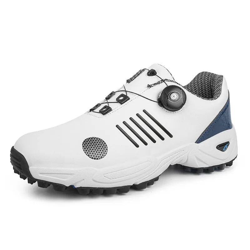 Men's rotating shoelace golf shoes, low-top design, black color, rubber sole, breathable mesh upper