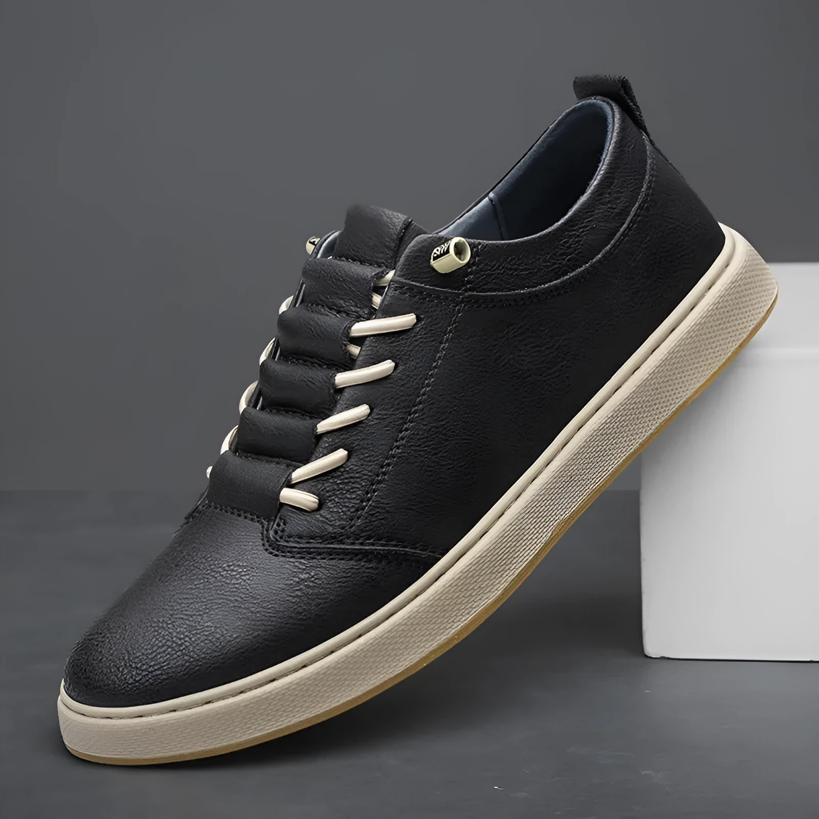 Men's big size cowhide leather board shoes in beige with round toe and low-cut lace-up design