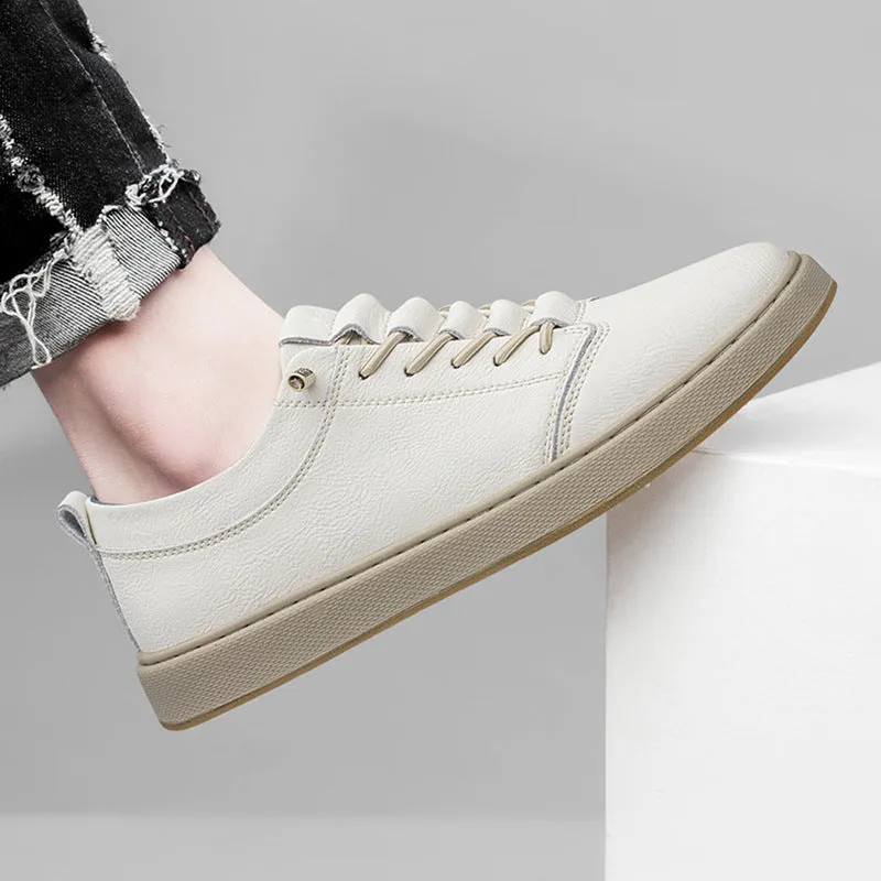 Men's big size cowhide leather board shoes in beige with round toe and low-cut lace-up design