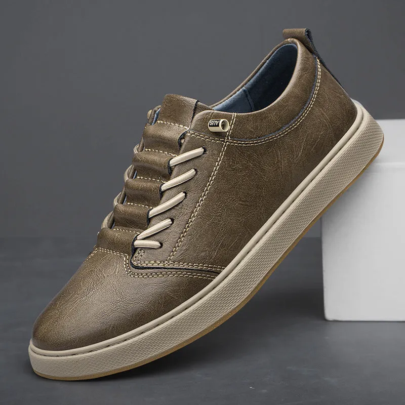 Men's big size cowhide leather board shoes in beige with round toe and low-cut lace-up design