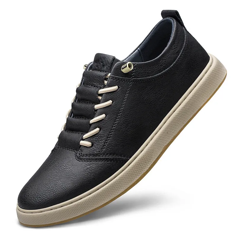 Men's big size cowhide leather board shoes in beige with round toe and low-cut lace-up design