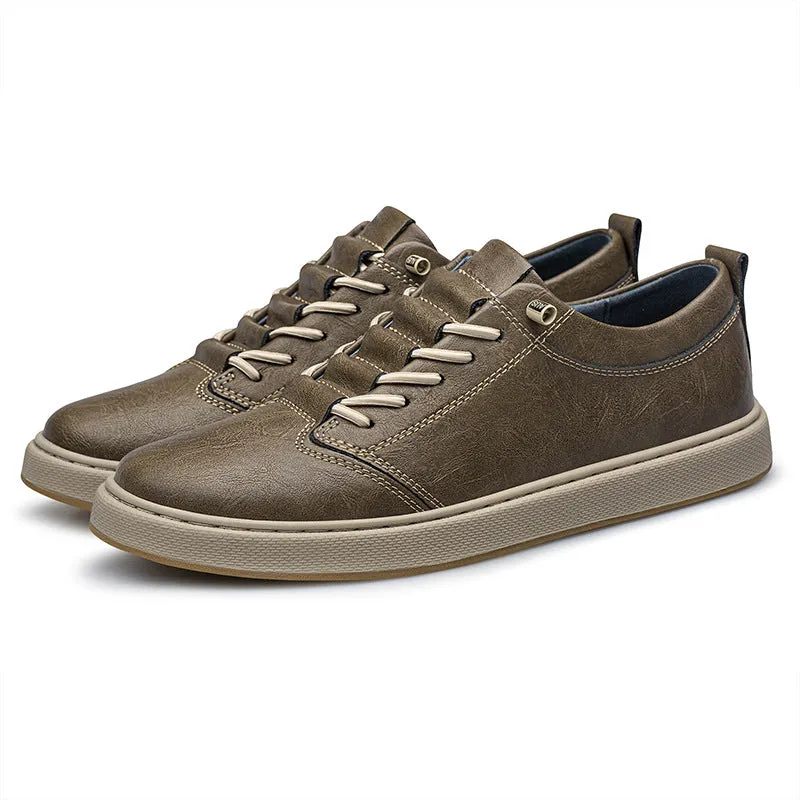 Men's big size cowhide leather board shoes in beige with round toe and low-cut lace-up design