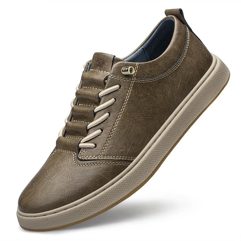 Men's big size cowhide leather board shoes in beige with round toe and low-cut lace-up design