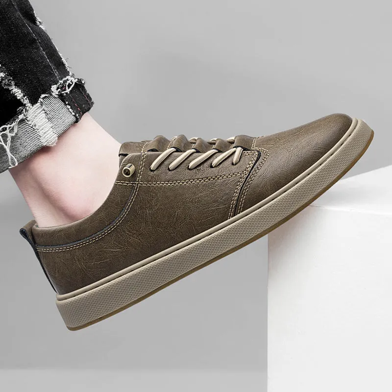 Men's big size cowhide leather board shoes in beige with round toe and low-cut lace-up design