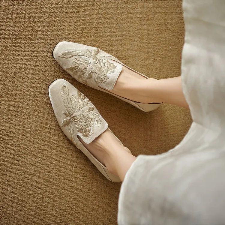 Women's embroidery low-cut flat pumps in retro style with cloth upper and pigskin lining