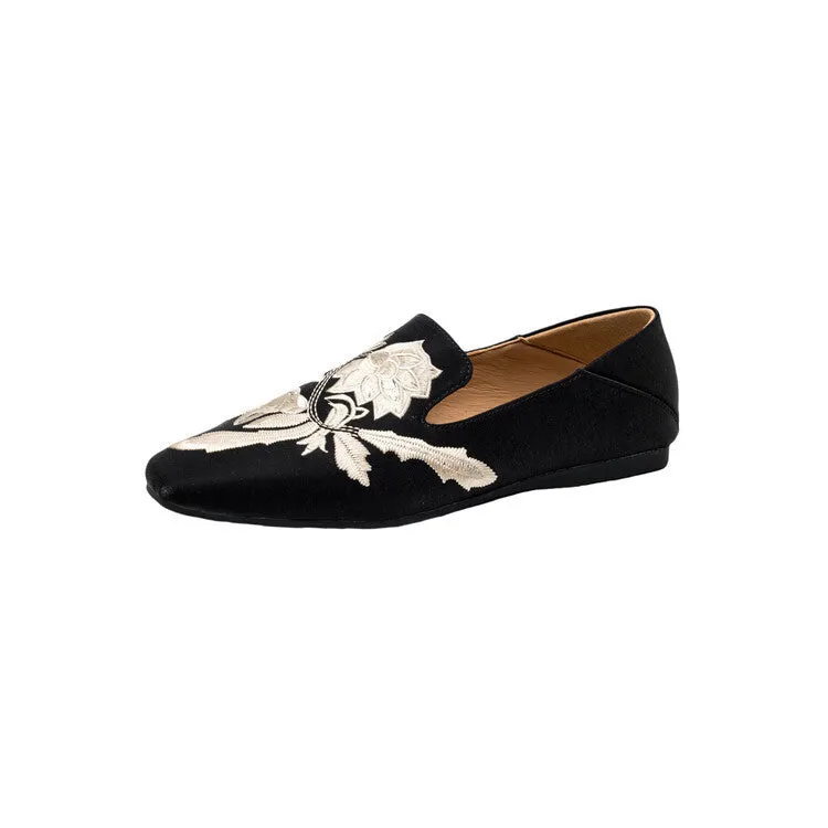 Women's embroidery low-cut flat pumps in retro style with cloth upper and pigskin lining