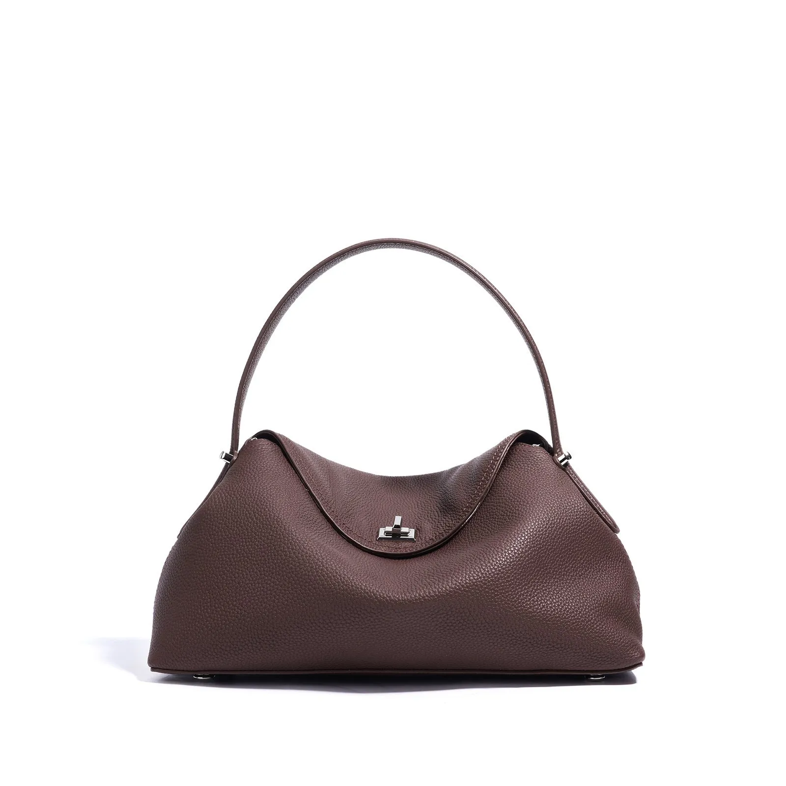 Cowhide leather shoulder messenger bag in pillow shape with open pocket, available in five colours including black and golden brown.