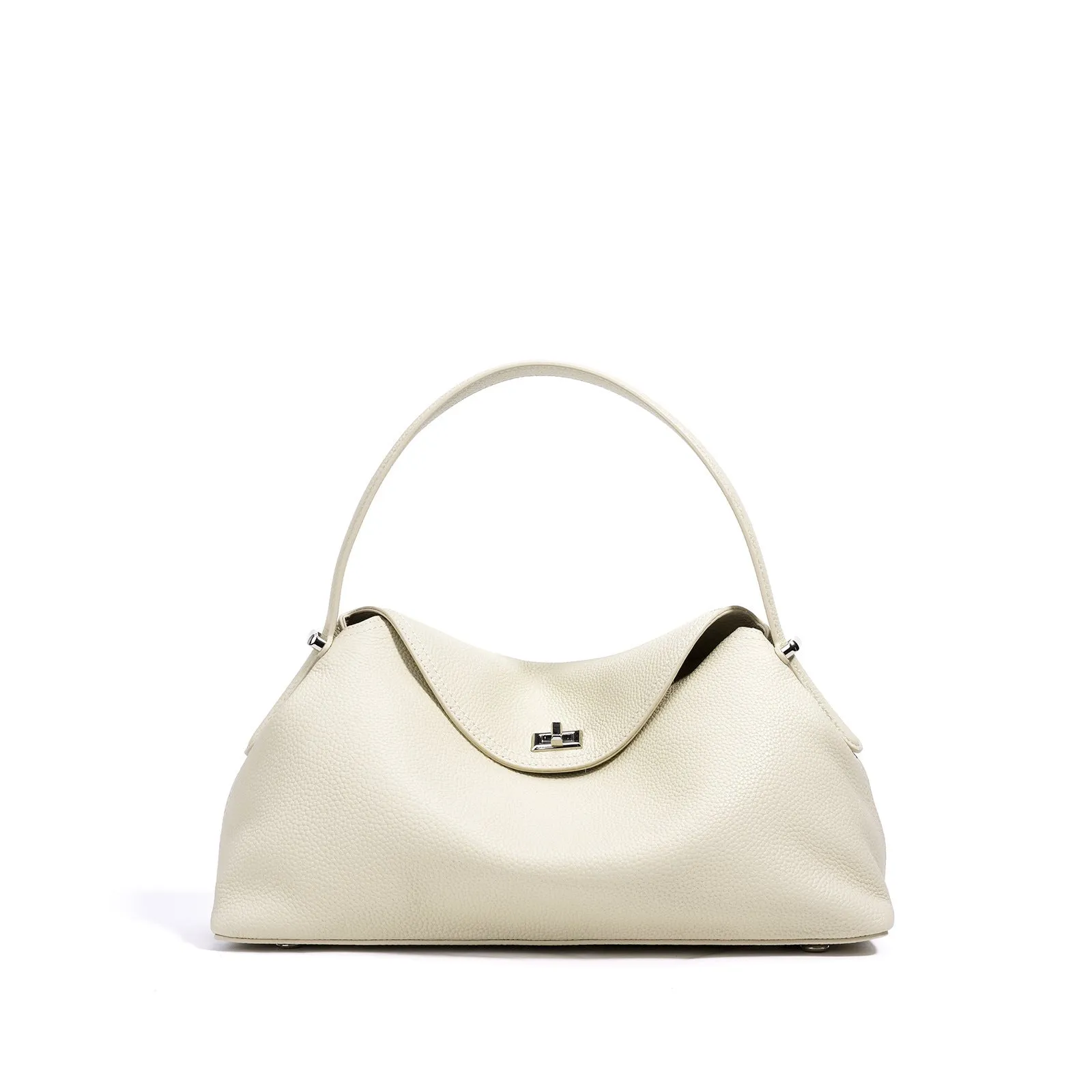 Cowhide leather shoulder messenger bag in pillow shape with open pocket, available in five colours including black and golden brown.