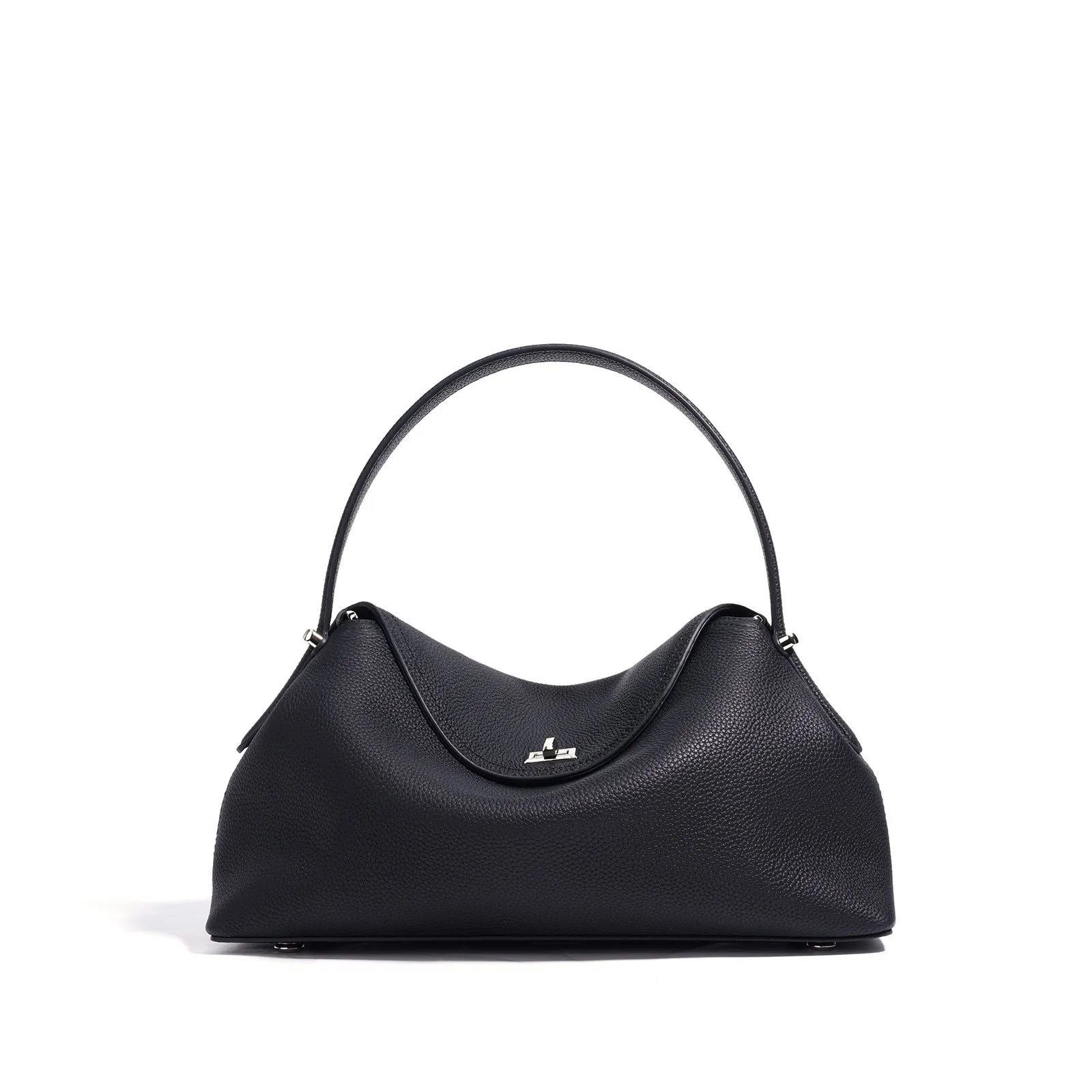 Cowhide leather shoulder messenger bag in pillow shape with open pocket, available in five colours including black and golden brown.