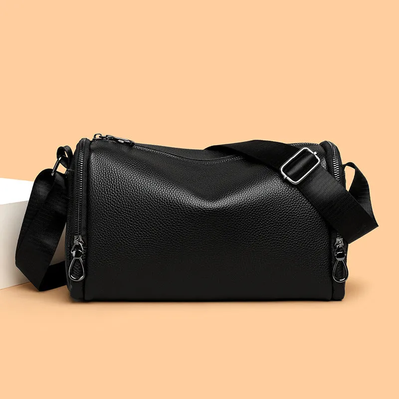 Genuine leather crossbody shoulder bag for men in black with stitching detail and large capacity interior