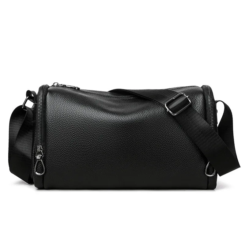 Genuine leather crossbody shoulder bag for men in black with stitching detail and large capacity interior