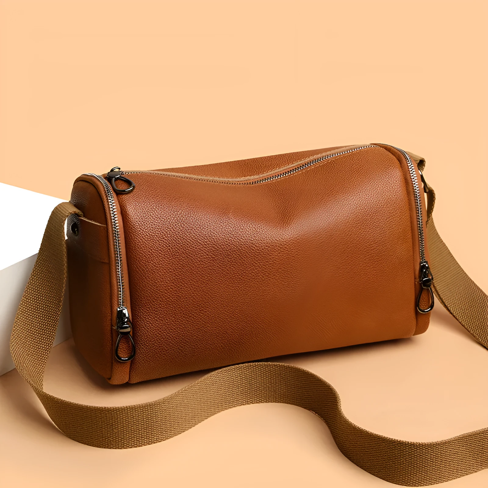 Genuine leather crossbody shoulder bag for men in black with stitching detail and large capacity interior