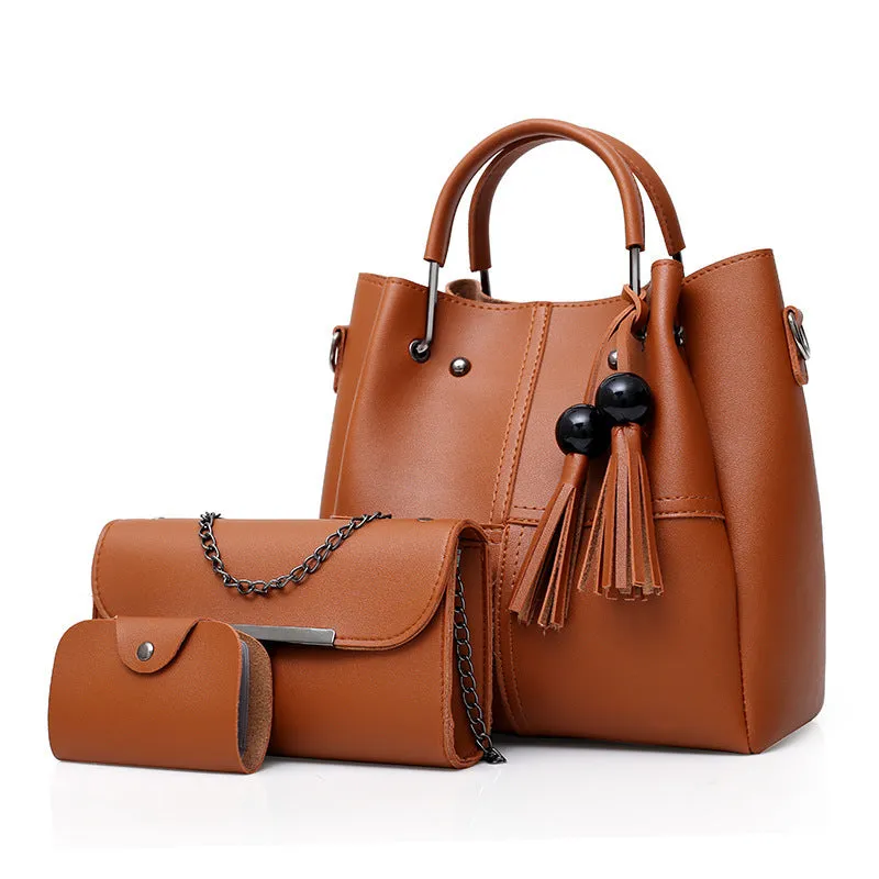 PU leather three-piece messenger bag set for women with tassel detail in coffee colour