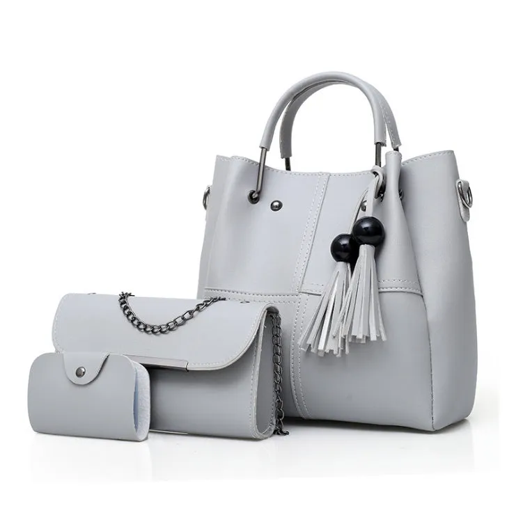 PU leather three-piece messenger bag set for women with tassel detail in coffee colour
