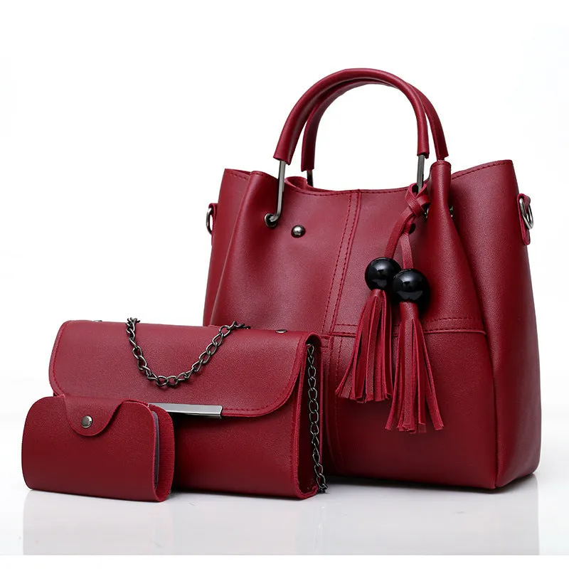 PU leather three-piece messenger bag set for women with tassel detail in coffee colour