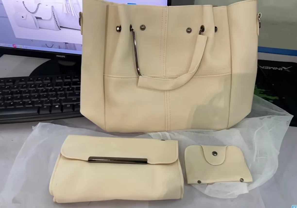 PU leather three-piece messenger bag set for women with tassel detail in coffee colour