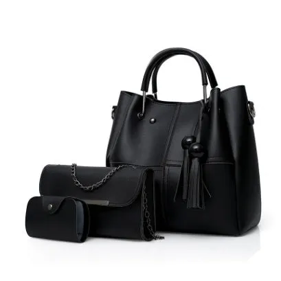 PU leather three-piece messenger bag set for women with tassel detail in coffee colour