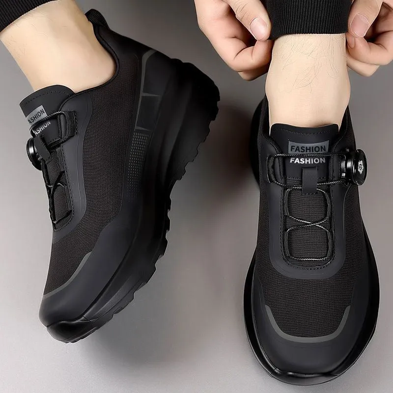 Men's black rotating button casual sneakers with thick platform sole and mesh lining