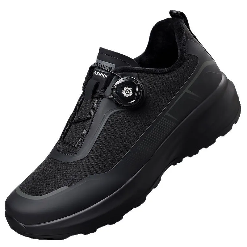 Men's black rotating button casual sneakers with thick platform sole and mesh lining