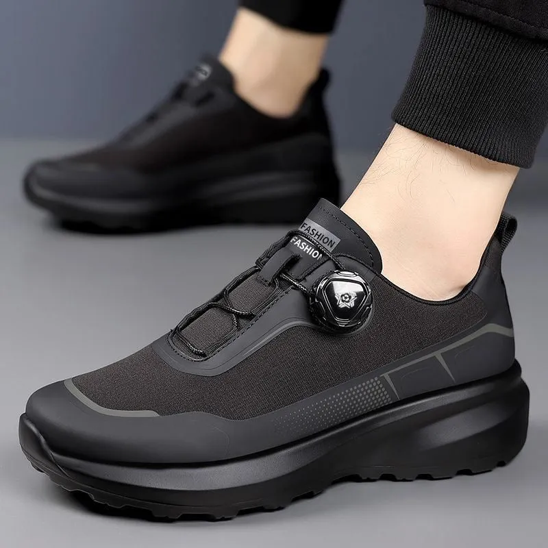 Men's black rotating button casual sneakers with thick platform sole and mesh lining