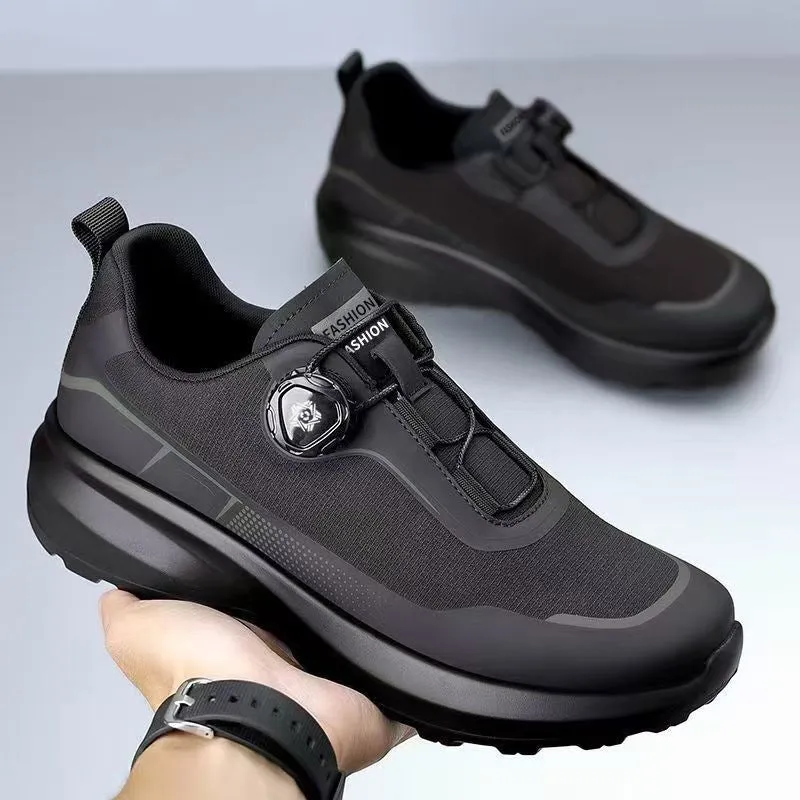 Men's black rotating button casual sneakers with thick platform sole and mesh lining