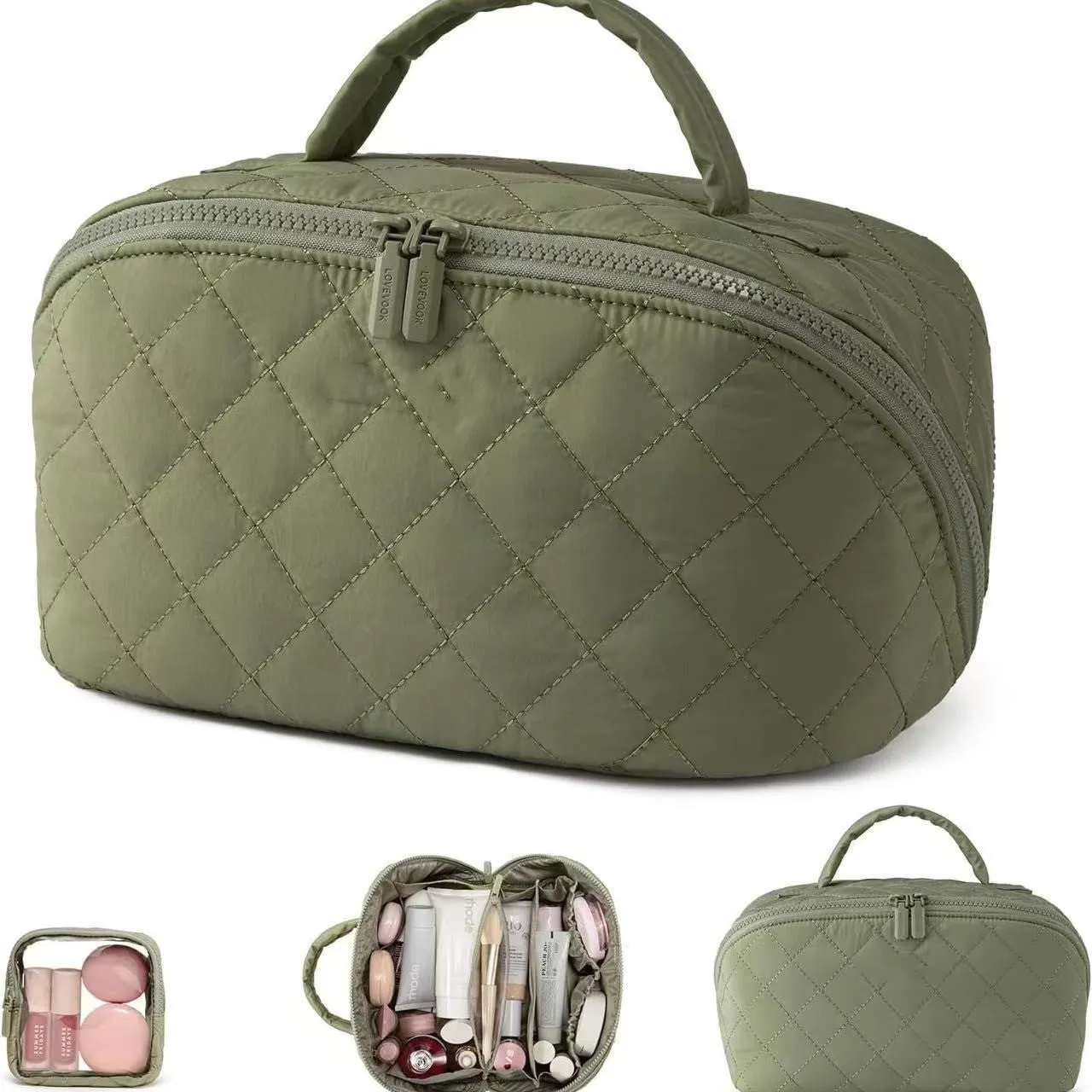 Women's large capacity portable polyester makeup bag in modern simplicity style, beige colour