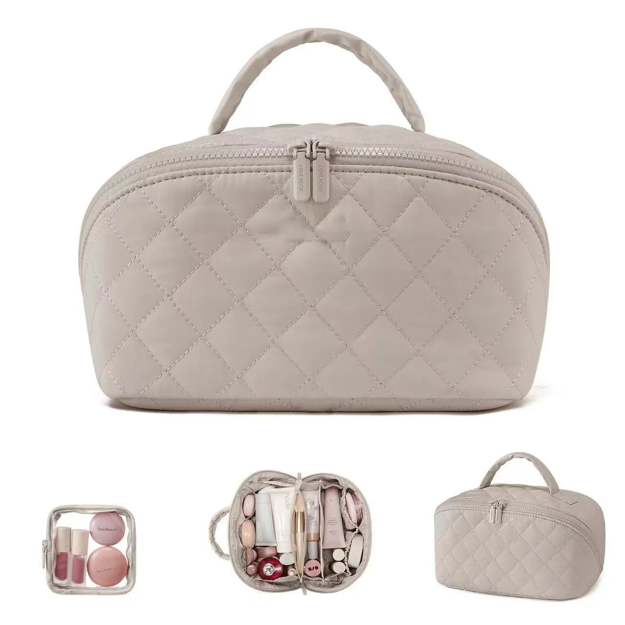 Women's large capacity portable polyester makeup bag in modern simplicity style, beige colour