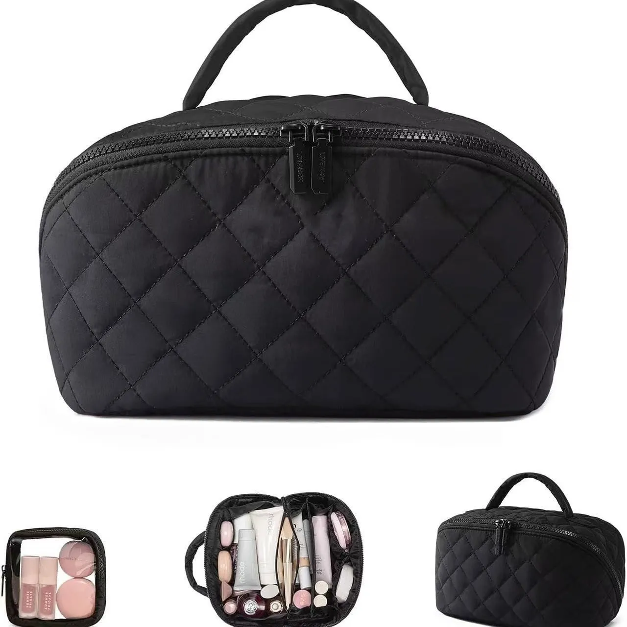 Women's large capacity portable polyester makeup bag in modern simplicity style, beige colour