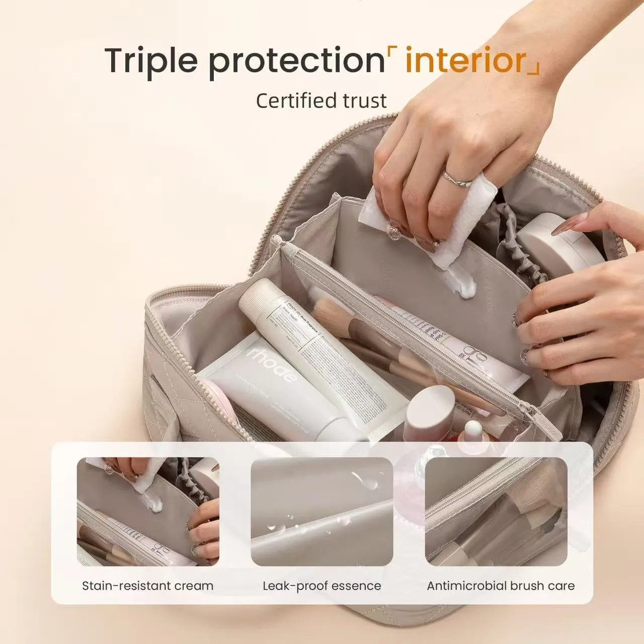 Women's large capacity portable polyester makeup bag in modern simplicity style, beige colour