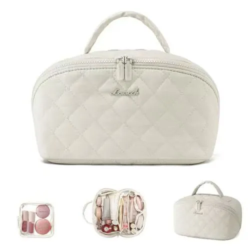 Women's large capacity portable polyester makeup bag in modern simplicity style, beige colour