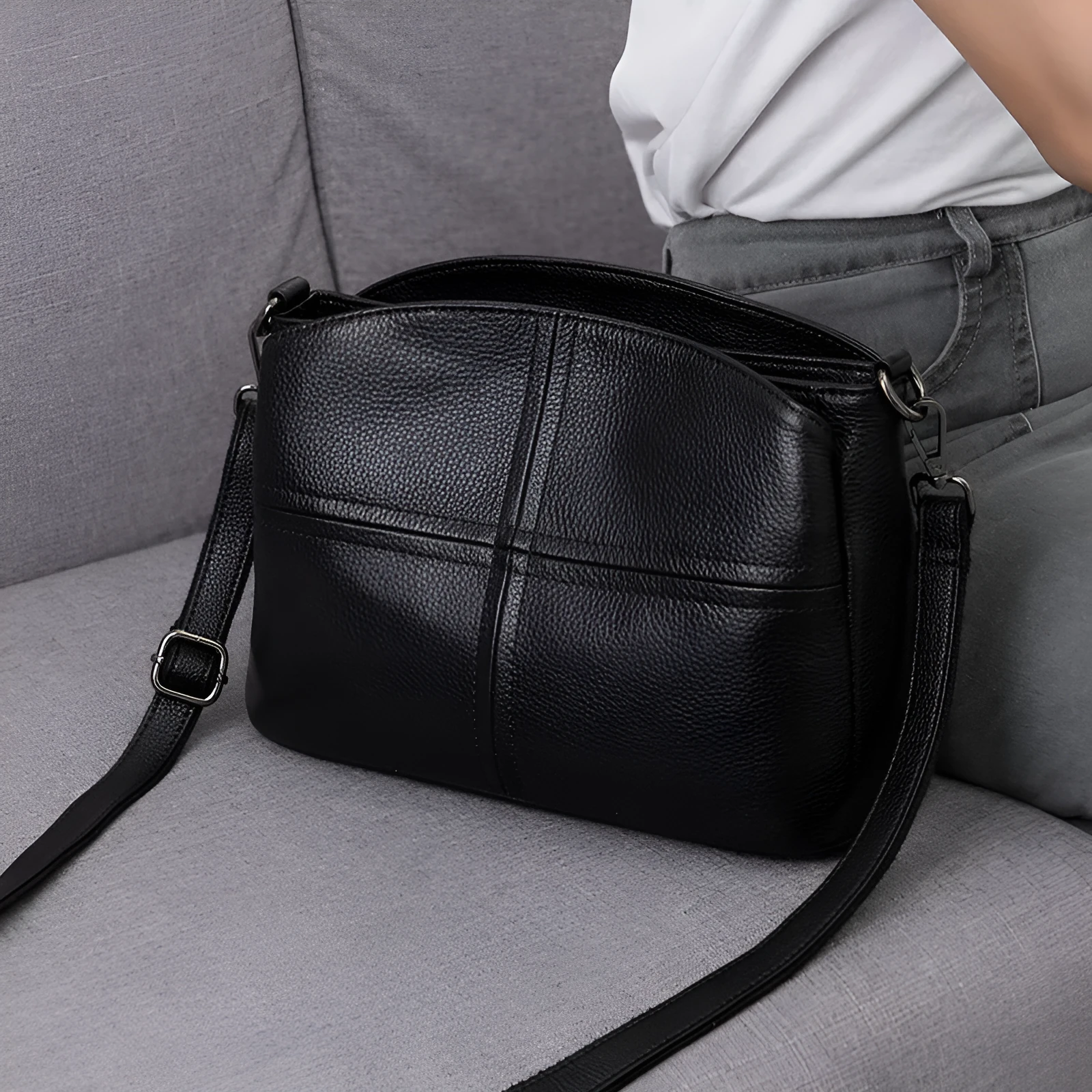 Genuine leather women's shoulder crossbody bag with plaid pattern in urban minimalist style