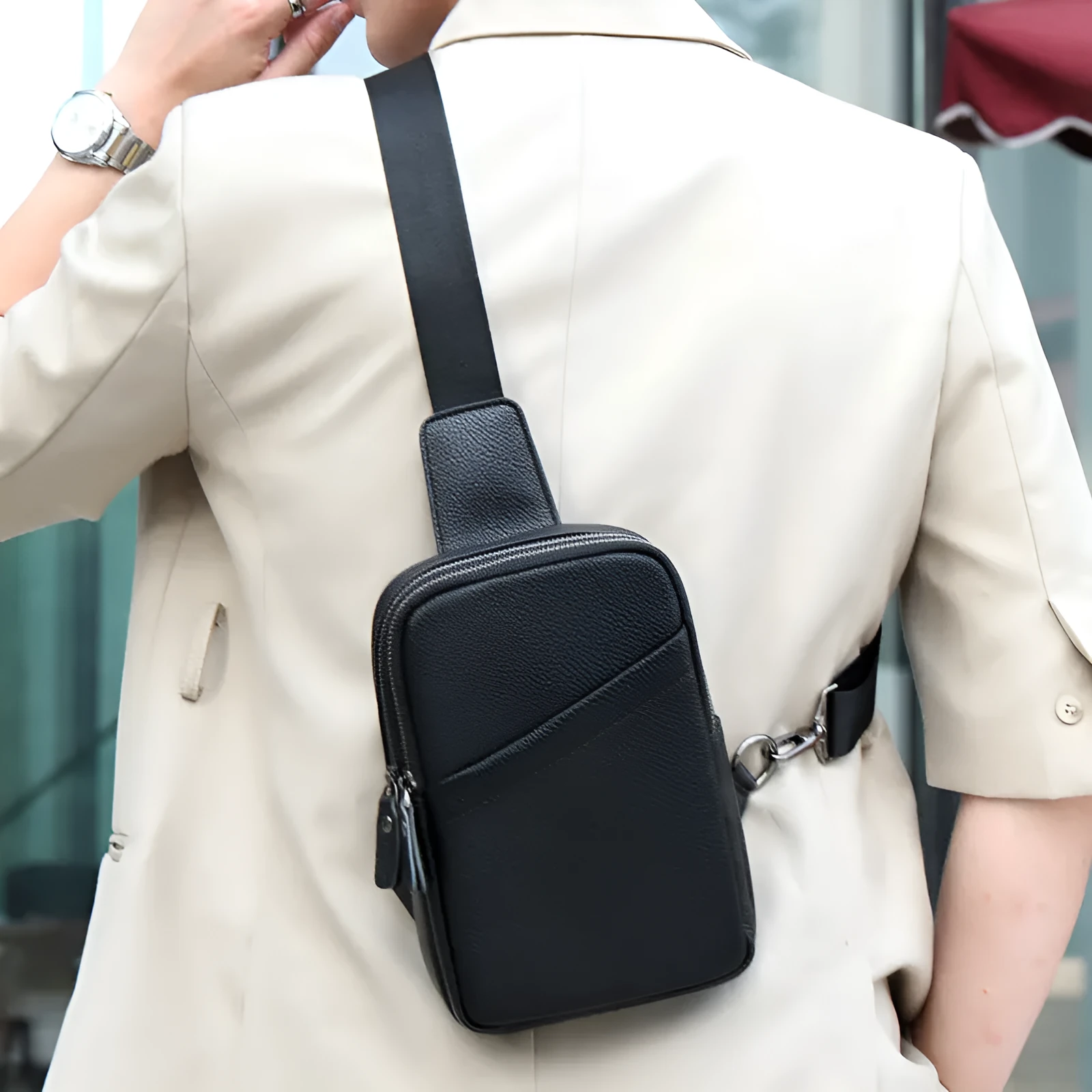 Men's genuine leather crossbody shoulder bag with breathable back in brown, diagonal pocket version