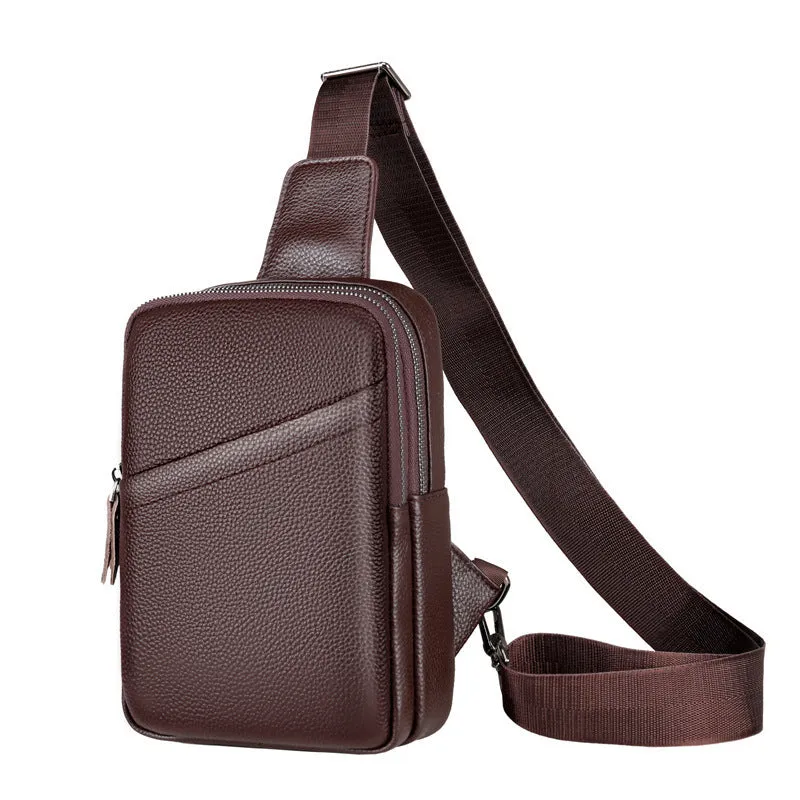 Men's genuine leather crossbody shoulder bag with breathable back in brown, diagonal pocket version