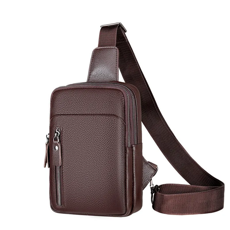 Men's genuine leather crossbody shoulder bag with breathable back in brown, diagonal pocket version