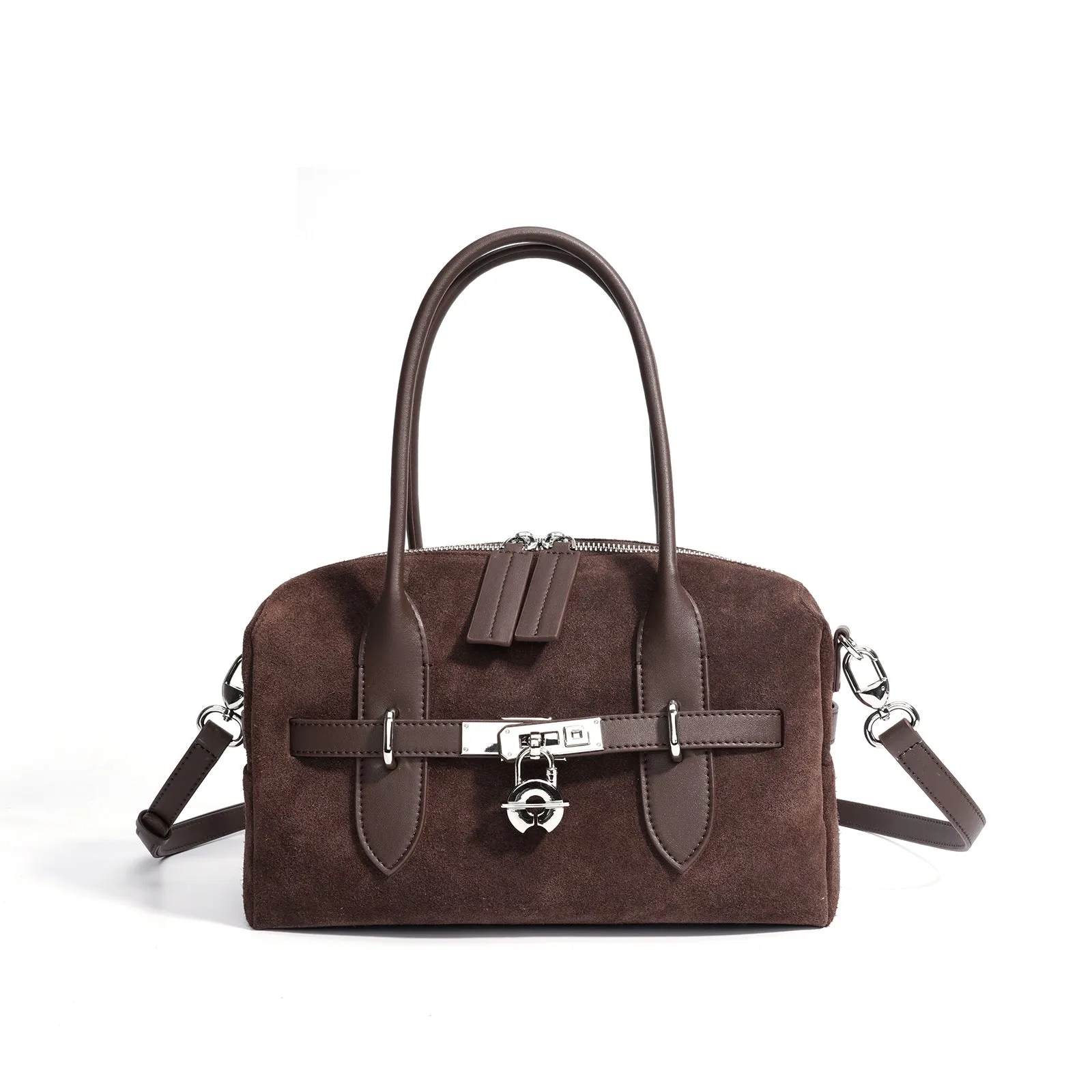 Frosted color-blocking genuine leather shoulder bag in brown with internal document pocket