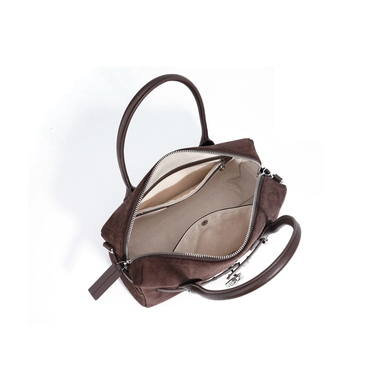 Frosted color-blocking genuine leather shoulder bag in brown with internal document pocket