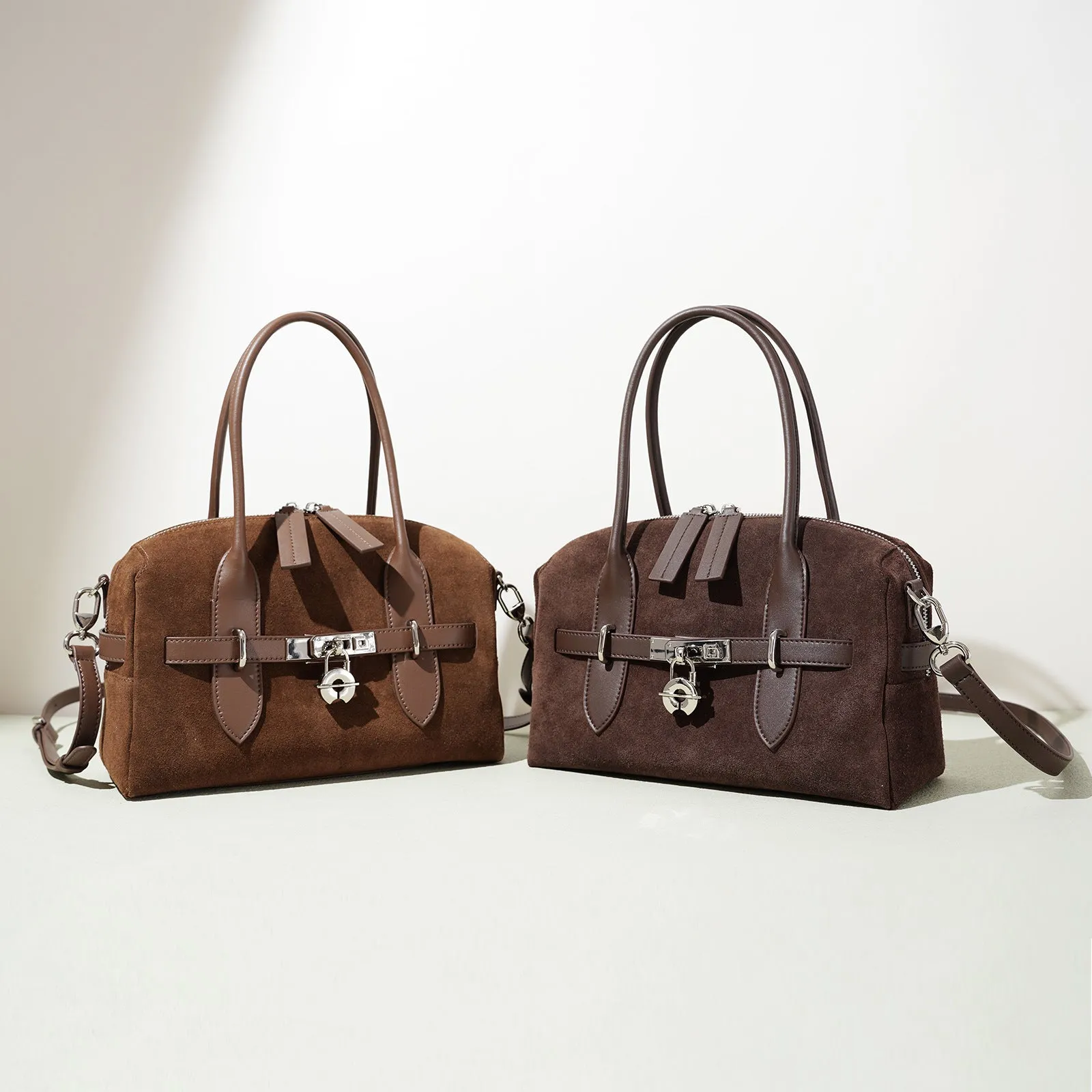 Frosted color-blocking genuine leather shoulder bag in brown with internal document pocket