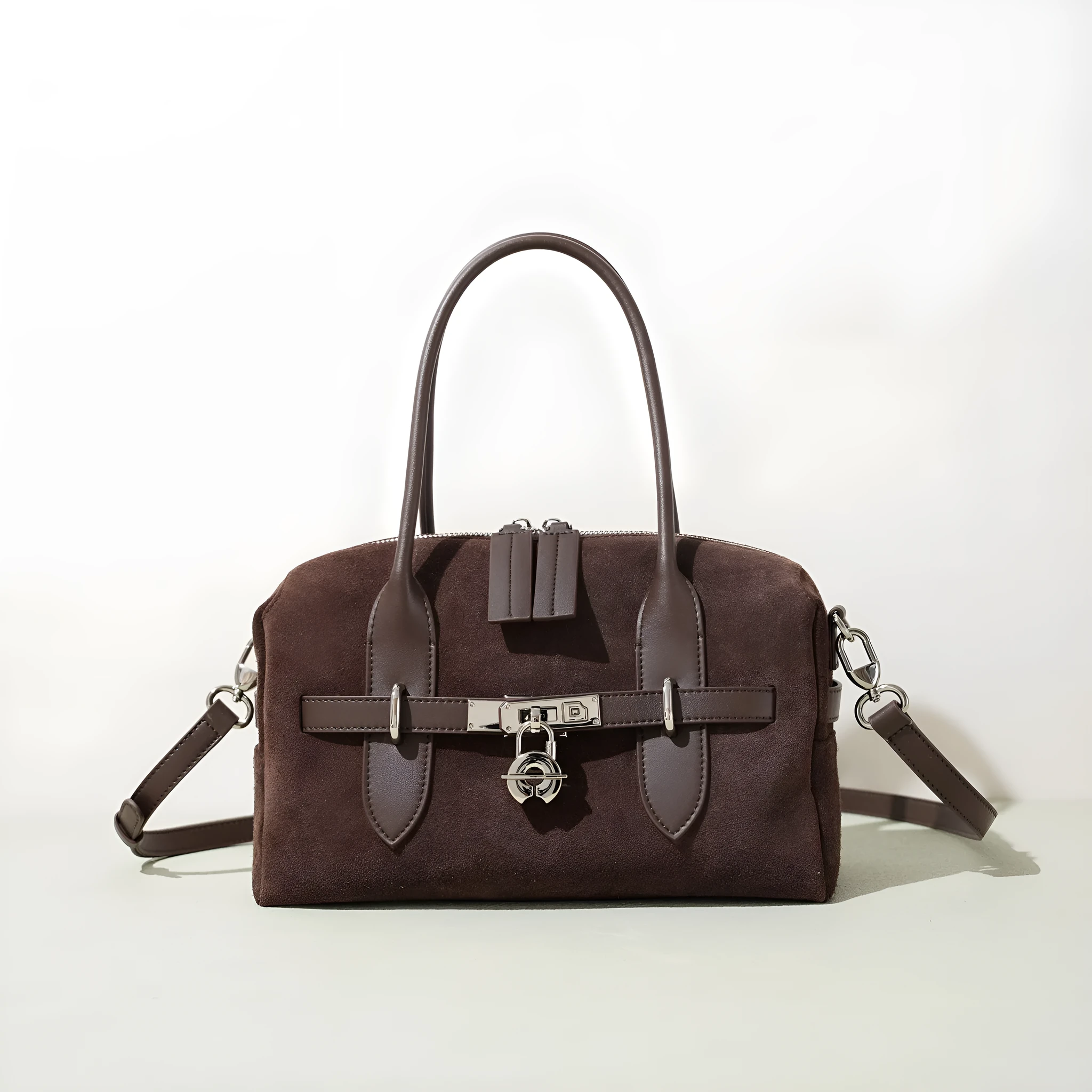 Frosted color-blocking genuine leather shoulder bag in brown with internal document pocket