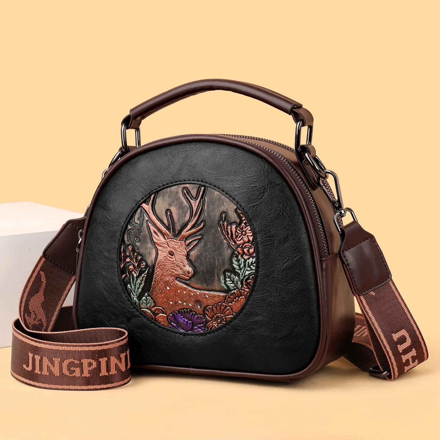 Retro embossing large capacity women's handbag in black with plaid and chain details, PU material, horizontal square shape
