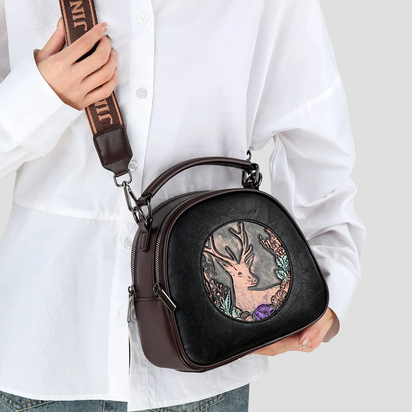 Retro embossing large capacity women's handbag in black with plaid and chain details, PU material, horizontal square shape